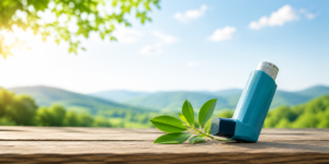 asthma inhaler on a picnic table in country landscape